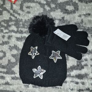 Starry Night Black Knit Hat and Gloves Set